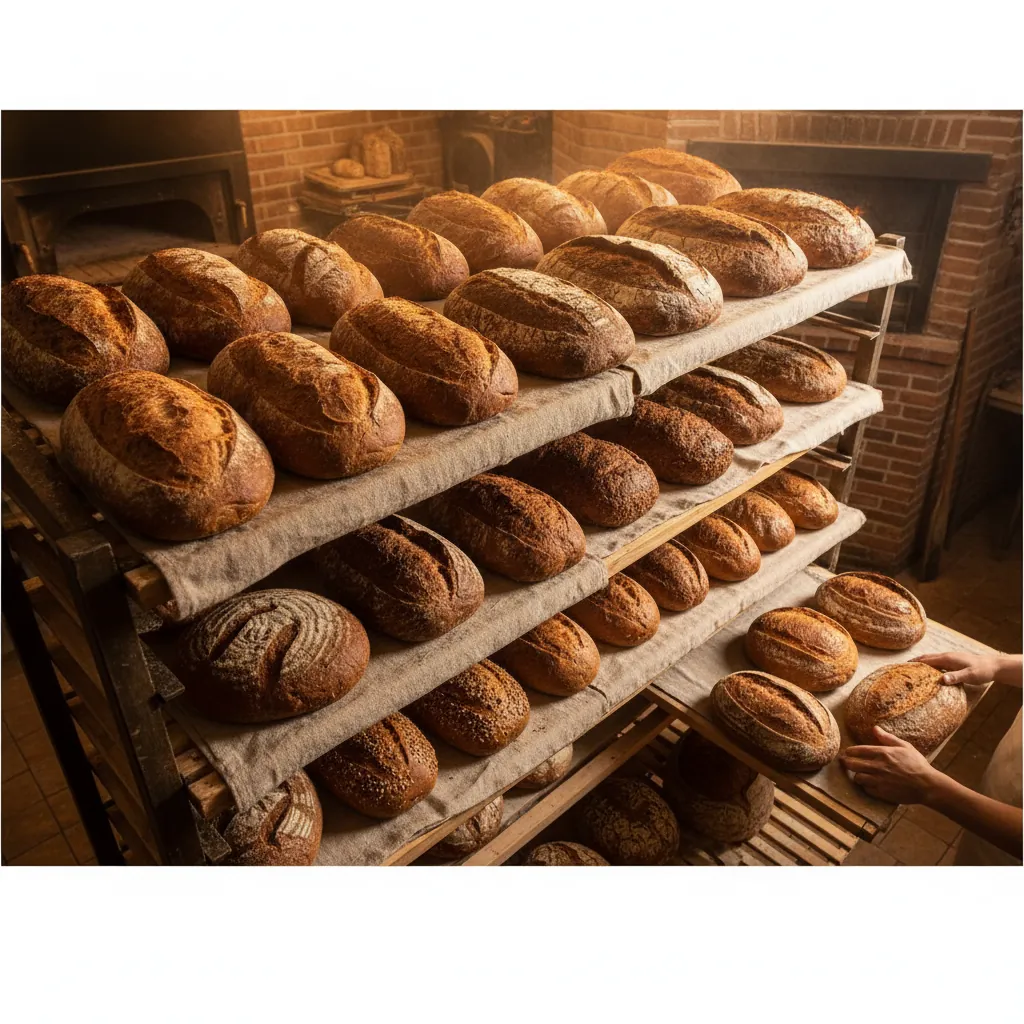 Rijen versgebakken broden afkoelen op linnen doek in de bakkerij van Griffioen